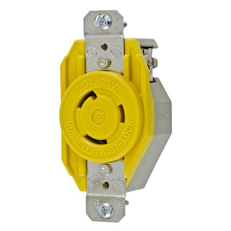 HUBBELL WIRING DEVICE-KELLEMS Locking Devices, Twist-Lock®, Corrosion Resistant Single Flush Receptacle, 20A, 125V AC, 2 Pole, 3 Wire Grounding, Yellow HBL23CM10